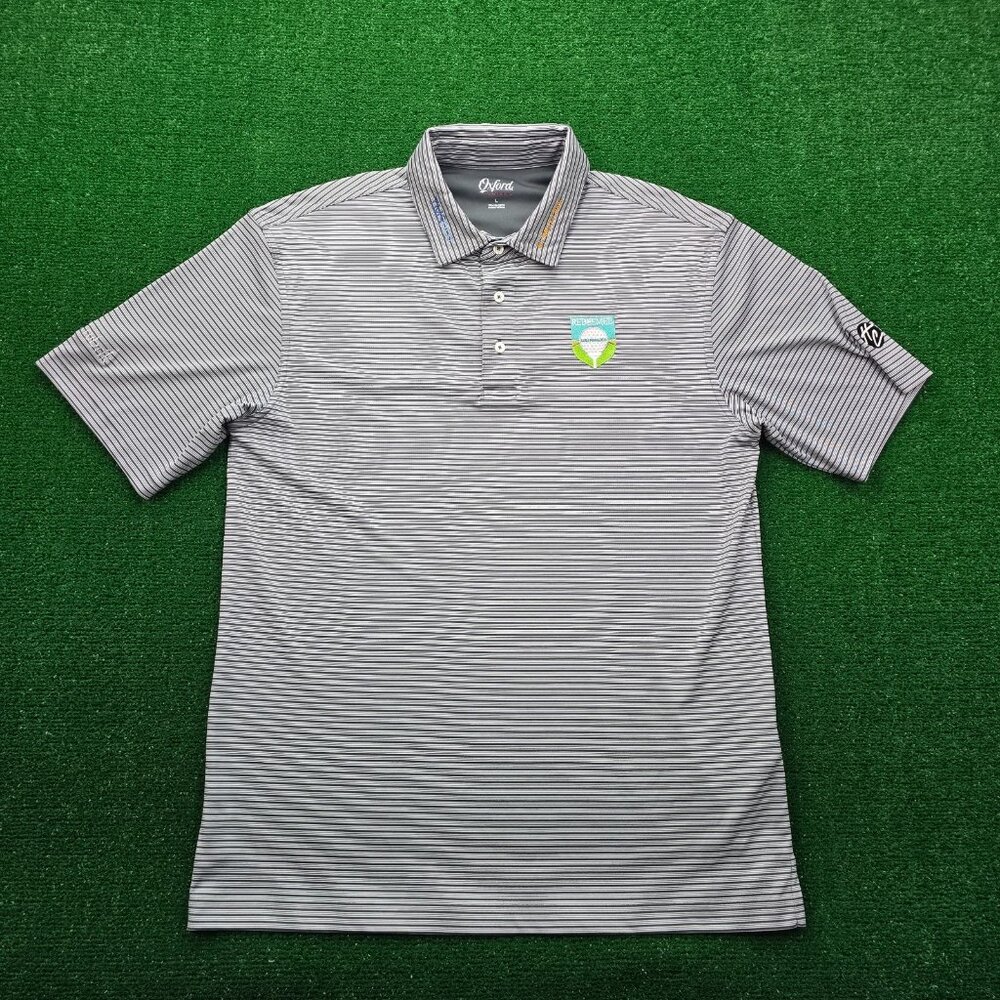 Oxford America Polo Shirt Mens Large Black Striped Golf Performance Casual Logos